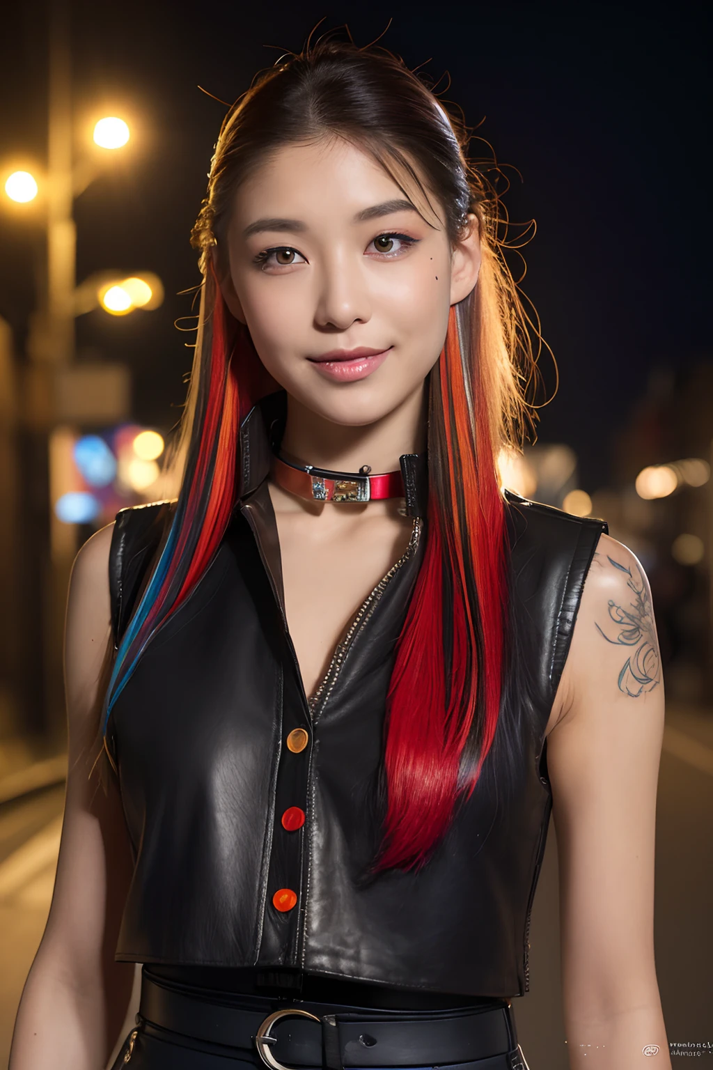(natta、Soft lighting、top-quality、in 8K、masuter piece、Raw photo:1.3)、Mystical、flawless beauty、beautiful young woman with, Fantasia, Red colored eyes、Slender eyes、Narrow-eyed、Symmetrical eyes、(multicolored hair、Wolf Cut Hairstyles:1.5)、耳Nipple Ring、Thin bracelet on wrist、(full bodyesbian、chest、Sleeveless shirt with collar、Button collar shirt、Tight leather pants:1.2)、ultra-detailliert, intricate detailes, Highly detailed face and skin type、Slim body、(tattoos all over body、Have tattoos all over the body、The tattoo)、A detailed eye、realisitic、make - up、Know、Bewitching、Beautiful standing figure、small tits 、Medieval European Streets、city street at night、Invincible smile、Dynamic angles