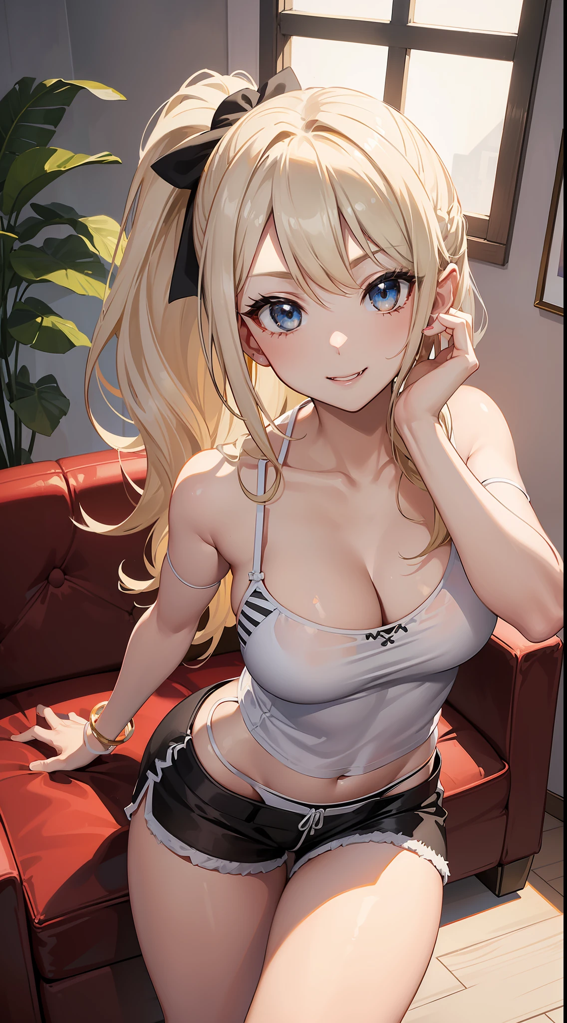 8k, highres, ultra detailed, (masterpiece:1.4), best quality, symmetrical body, a beautiful 18 year old gyaru, (gyaru:1.4), (white camisole black shorts with white stripe:1.4), cute, solo, long hair, dark blonde hair, ponytail hairstyle, blue eyes, glow effect, finely eye, detailed face, teasing smile, looking at viewer, smilling at viewer, leaning forward, dominant look, teasing, (seductive look:1.4), big breasts, sun, rim light, saloon, sofa, (sexy pose:1.4)