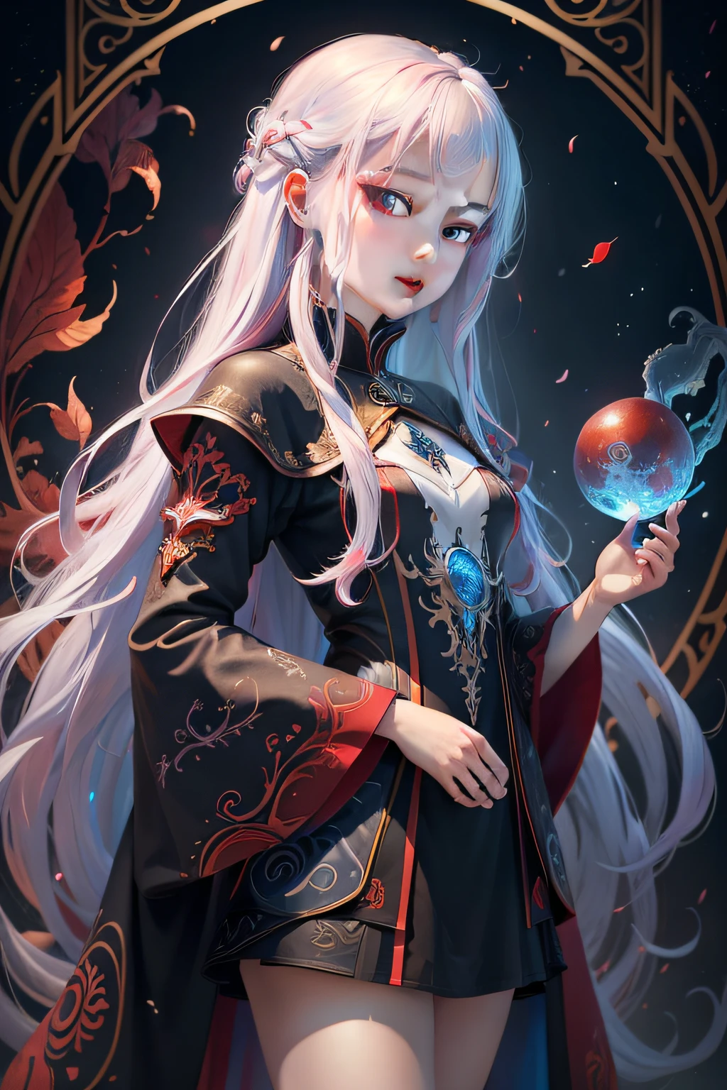 realisticlying、Masterpiece quality、best qualtiy、offcial art、Beauty and aesthetics:1.2、Very detailed fractal art、Colorful abstract background、Kizi、Kamimei、The color hair、long whitr hair、luminous red eyes、Mysterious magic、Girl of Ice and Fire,Red and blue color scheme,cinematric light