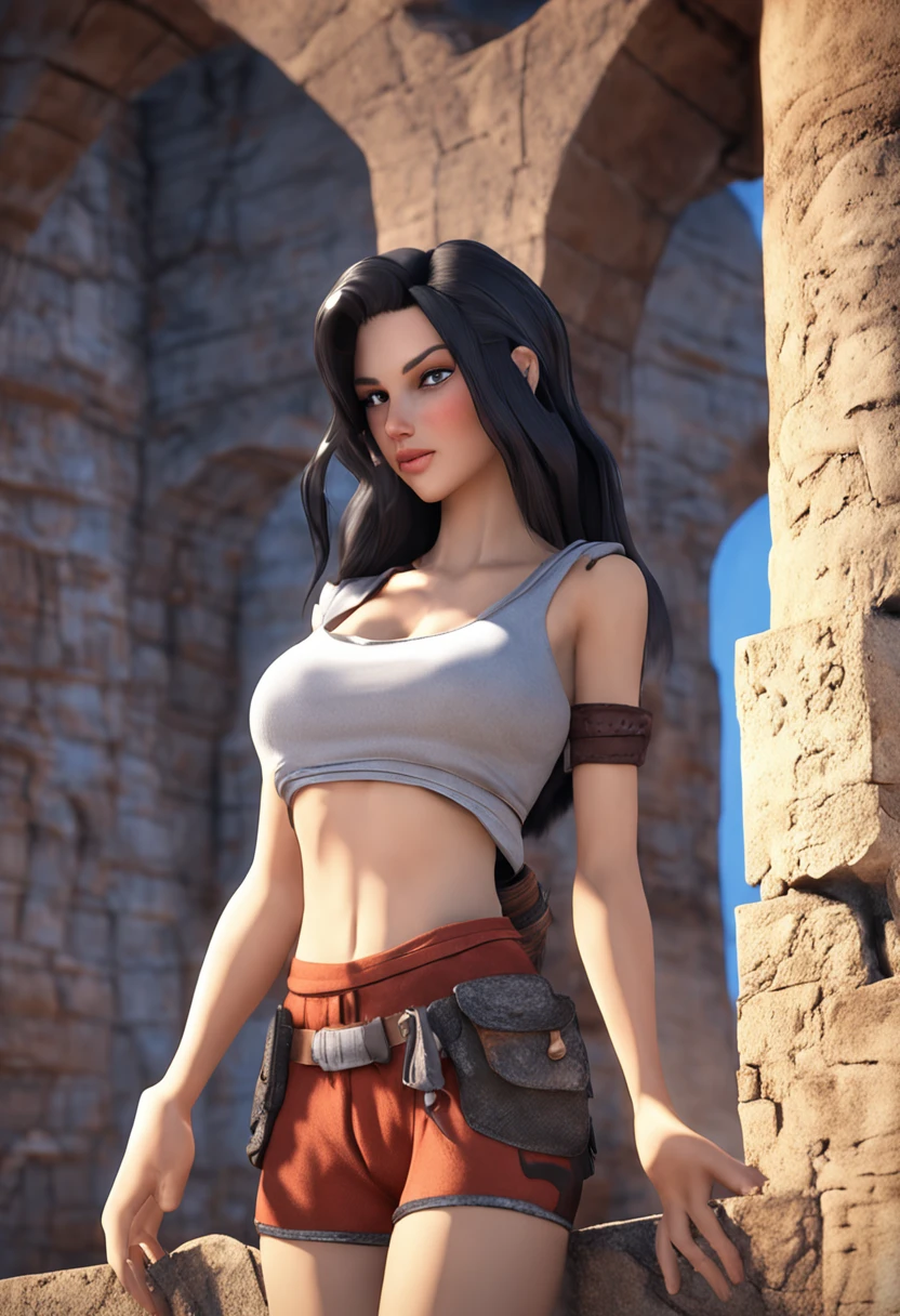 1 girl standing on the old wall,(Bigboobs), cleavage, (( Wear a loose t-shirt and shorts)),(roleplaying),looking towards camera, Smiling,( Long black hair),(perfectfingers),(Perfect blue eyes),masterpiece collection,(Old composite wall),Pose at random,( Close-up camera view),high resolution, Highly detailed,