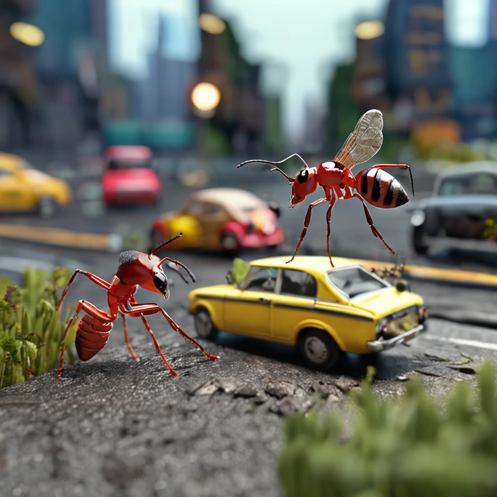 The ants walk towards the hamburger,Burgers on the road,Ants walking on the road,Photorealistic rendering,The is very detailed,tmasterpiece,Miniatures
