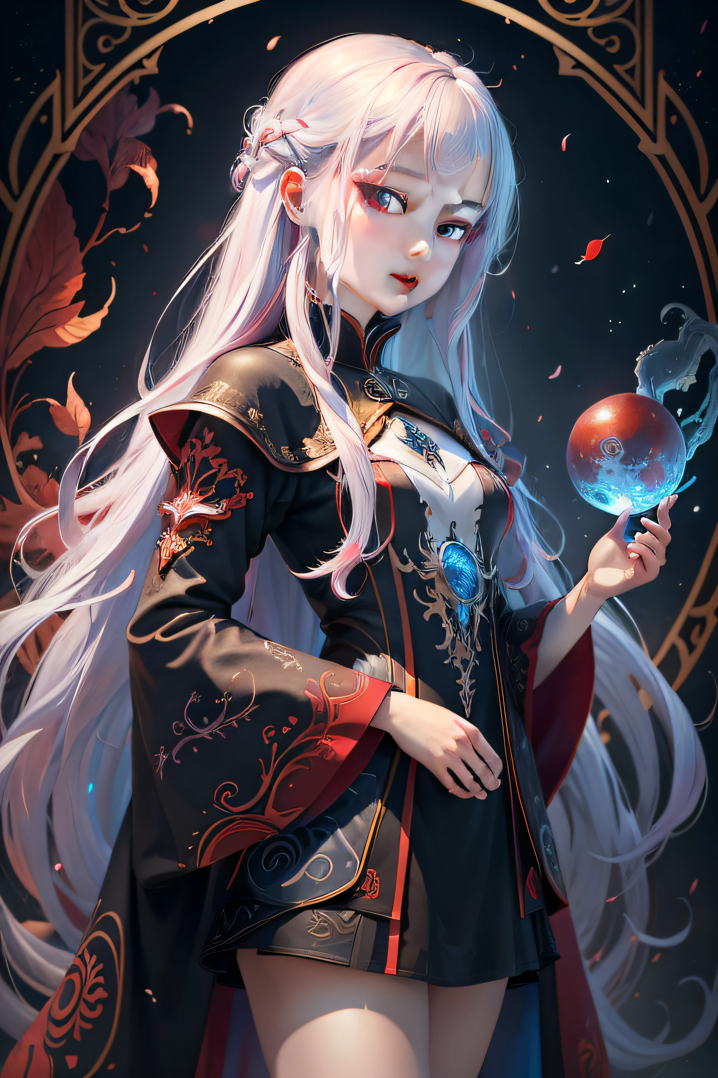 realisticlying、Masterpiece quality、best qualtiy、offcial art、Beauty and aesthetics:1.2、Very detailed fractal art、Colorful abstract background、Kizi、Kamimei、The color hair、long whitr hair、luminous red eyes、Mysterious magic、Girl of Ice and Fire,Red and blue color scheme,cinematric light