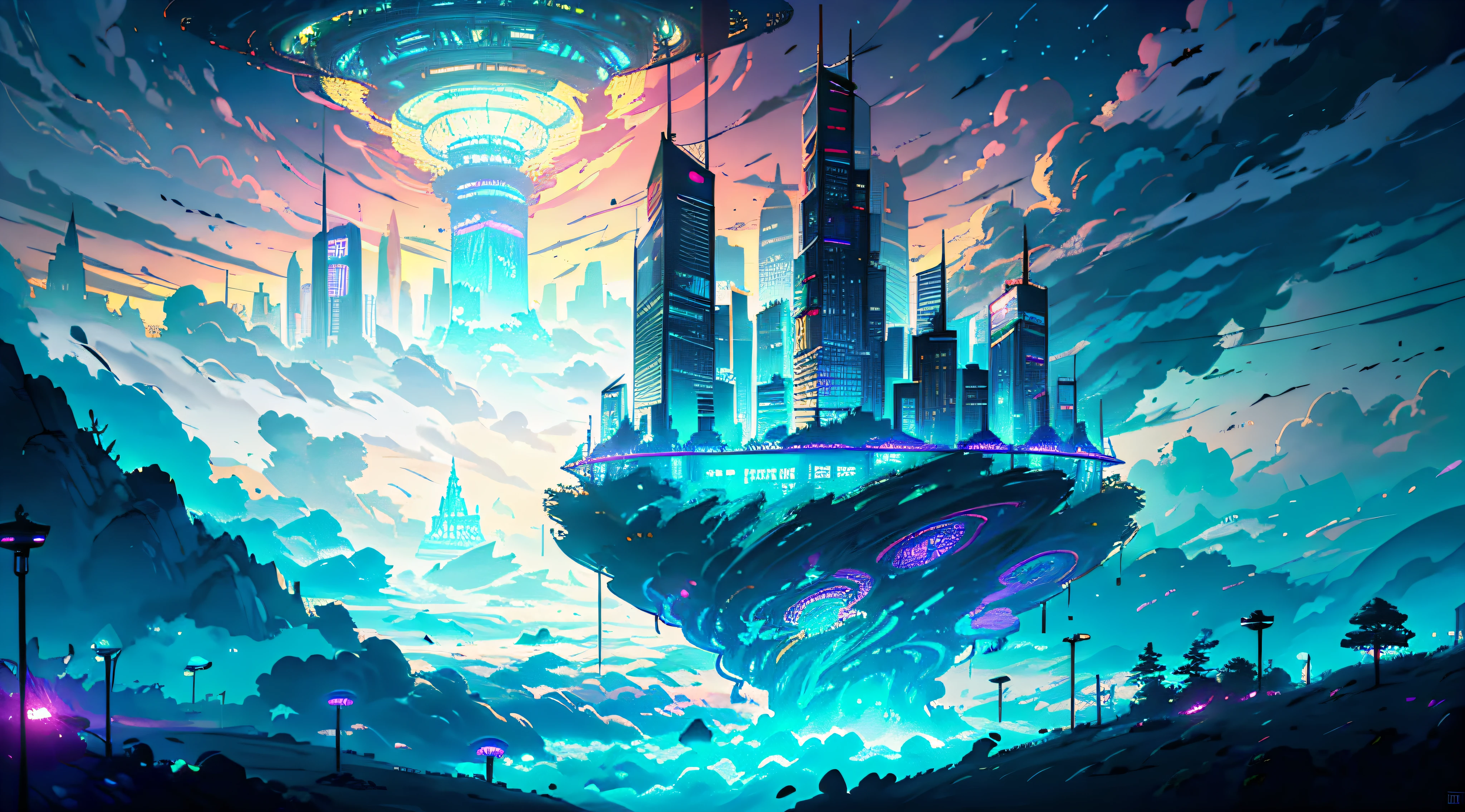 octane render, bioluminescent,8K resolution concept art, realism,by Mappa studios,masterpiece,best quality,official art,illustration,ligne claire,(cool_color),perfect composition,absurdres, fantasy,focused,(finely detailed modern lost_city:1.3),(lost_city towering above the clouds:1.2),epic,an ,motion,(depth_of_field), extension image, view from above of a futuristic amusement park,intricate detail,neon light,wheel,the park is on a floating island in the sky, above the cloud, night, park furniture, entertaining center,