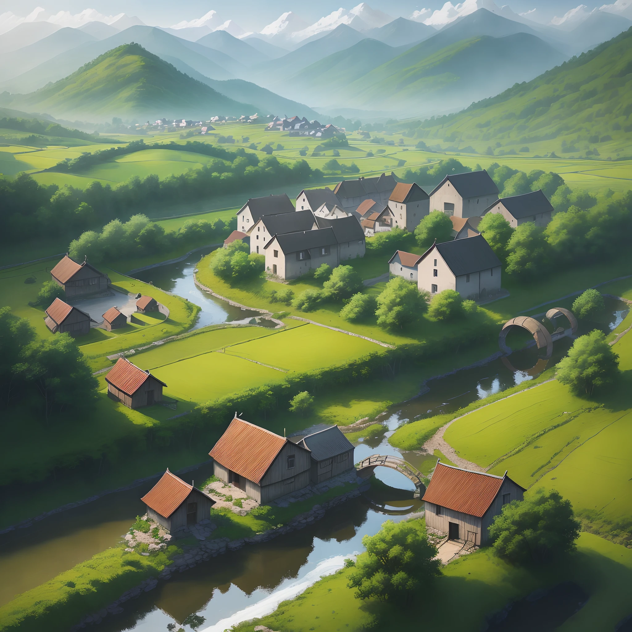 In this AI painting,We could see an old village。There is a watermill in the middle of the village,Next to it is a clear stream。The rotation of the water wheel brings life and vitality to the entire village。Villagers work in the fields,The mountains in the distance add a sense of tranquility and beauty to the whole picture。
