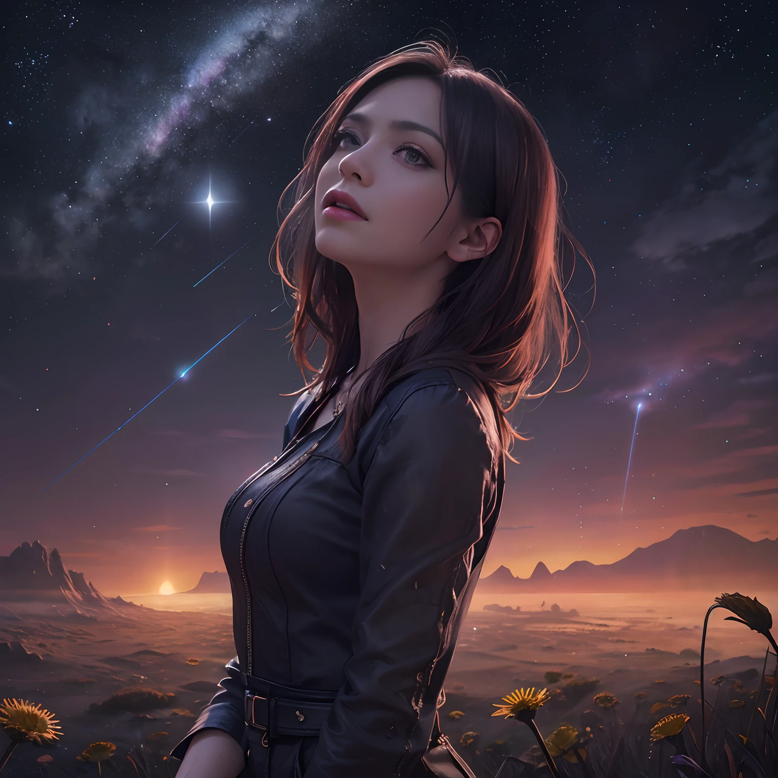 (Absurd, Cinematic, nffsw, Haute, ultra-detailliert, ultra-detailliert), Woman looking up at the sky, upper body closeup, Dark purple sky, Nebulae in the sky, The Last Five in the Sky, Big moon in the sky, shooting stars, Dandelion field, mont, Oil Painting, Detailed dandelion field, Detailed sky, Sunset, unreal engine 4k wallpaper