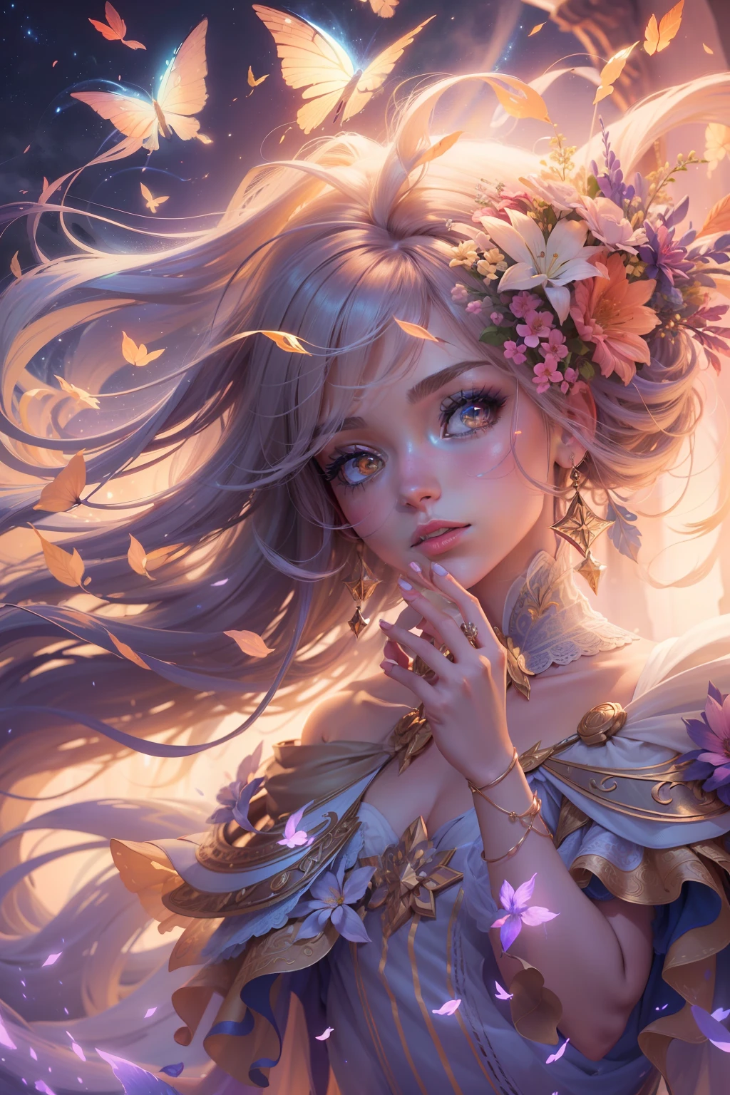 ((digital illustration top quality 4k wallpaper)), incredible details, perfect lighting, sombras realistas, atmosfera misteriosa, adicione elementos de fantasia, glimmering stars in the sky, cores vibrantes, personagem feminina com olhos brilhantes, penteado longo e ondulado, fluttering dress, adicione flores e folhagens, efeito de profundidade de campo, Add subtle magical elements.