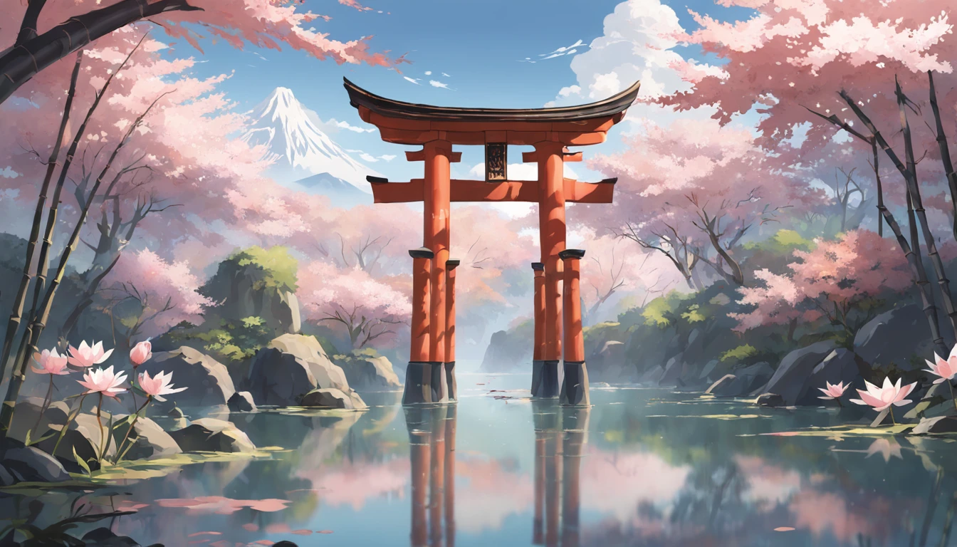 "Visualize a captivating wallpaper adorned with a meticulously crafted pattern of iconic Japanese symbols, each layer contributing to a rich and harmonious tapestry.

Cherry blossoms, delicate and ephemeral, flutter across the canvas, evoking the beauty and transience of life. The torii gate, a sacred portal, stands tall, symbolizing the boundary between the spiritual and physical worlds.

Elegant kanji characters weave into the design, each character holding profound meaning. '和' (wa) represents harmony and unity, '勇' (yuu) embodies courage, and '平和' (heiwa) signifies peace.

Beneath a serene moonlit sky, a red sun disc or '日' (hi) radiates, representing hope and new beginnings. Bamboo stalks stand strong and flexible, symbolizing resilience and adaptability.

A tranquil pond mirrors the surroundings, its surface adorned with a water lily or '蓮' (hasu), signifying purity and enlightenment. Koi fish swim amidst lotus flowers, embodying transformation and perseverance.

Golden cranes take flight, their wings symbolizing longevity and good fortune. The tranquil sound of a temple bell or '鐘' (kane) resonates, bringing mindfulness and inner peace.

The color palette seamlessly blends soothing blues, soft pinks, and earthy greens, invoking a sense of calm and connection to nature. This wallpaper pattern is an intricate mosaic of Japanese symbolism, inviting you to explore the layers of culture, wisdom, and beauty they hold."