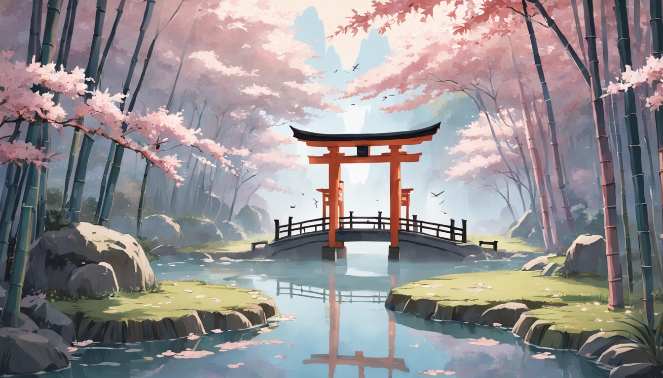 "Visualize a captivating wallpaper adorned with a meticulously crafted pattern of iconic Japanese symbols, each layer contributing to a rich and harmonious tapestry.
Cherry blossoms, delicate and ephemeral, flutter across the canvas, evoking the beauty and transience of life. The torii gate, a sacred portal, stands tall, symbolizing the boundary between the spiritual and physical worlds.
Elegant kanji characters weave into the design, each character holding profound meaning. '和' (wa) represents harmony and unity, '勇' (yuu) embodies courage, and '平和' (heiwa) signifies peace.
Beneath a serene moonlit sky, a red sun disc or '日' (hi) radiates, representing hope and new beginnings. Bamboo stalks stand strong and flexible, symbolizing resilience and adaptability.
A tranquil pond mirrors the surroundings, its surface adorned with a water lily or '蓮' (hasu), signifying purity and enlightenment. Koi fish swim amidst lotus flowers, embodying transformation and perseverance.
Golden cranes take flight, their wings symbolizing longevity and good fortune. The tranquil sound of a temple bell or '鐘' (kane) resonates, bringing mindfulness and inner peace.
The color palette seamlessly blends soothing blues, soft pinks, and earthy greens, invoking a sense of calm and connection to nature. This wallpaper pattern is an intricate mosaic of Japanese symbolism, inviting you to explore the layers of culture, wisdom, and beauty they hold."
