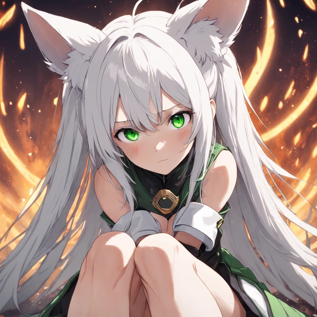 Animal ears, leg rings, white hair, long hair, green eyes, JK over-the-knee socks（white colors）（Use Stable Diffusion for image generation）Look at the eyes like garbage leather trim