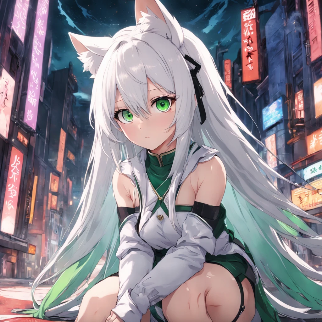 Animal ears, leg rings, white hair, long hair, green eyes, JK over-the-knee socks(white colors)(Use Stable Diffusion for image generation)Look at the eyes like garbage leather trim