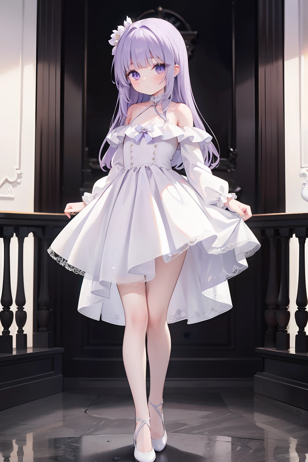 A frontal photography standing girl with off-the-shoulder front short back long white wedding dress small leather shoes lilac eyes black long hair