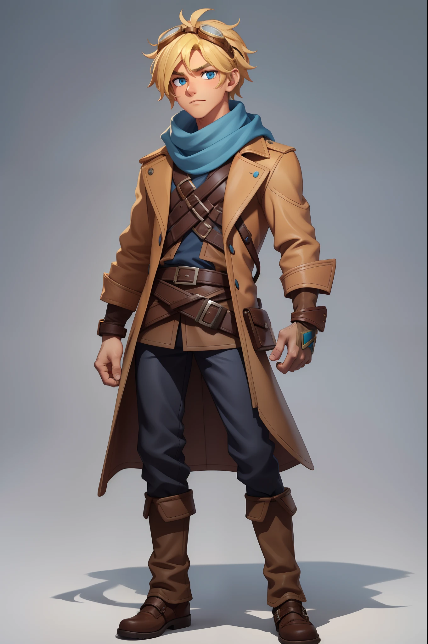 White background, High Quality, ((full body)), (detailed face), (detailed eyes), standing, Eye Height, solo, Front Angle, Nothing in hand, 1Man, ((Male)), Lightly Tanned Skin, (((Blonde Hair))), ezreal, brown winter jacket, goggles on head, belt, Blue long Scarf