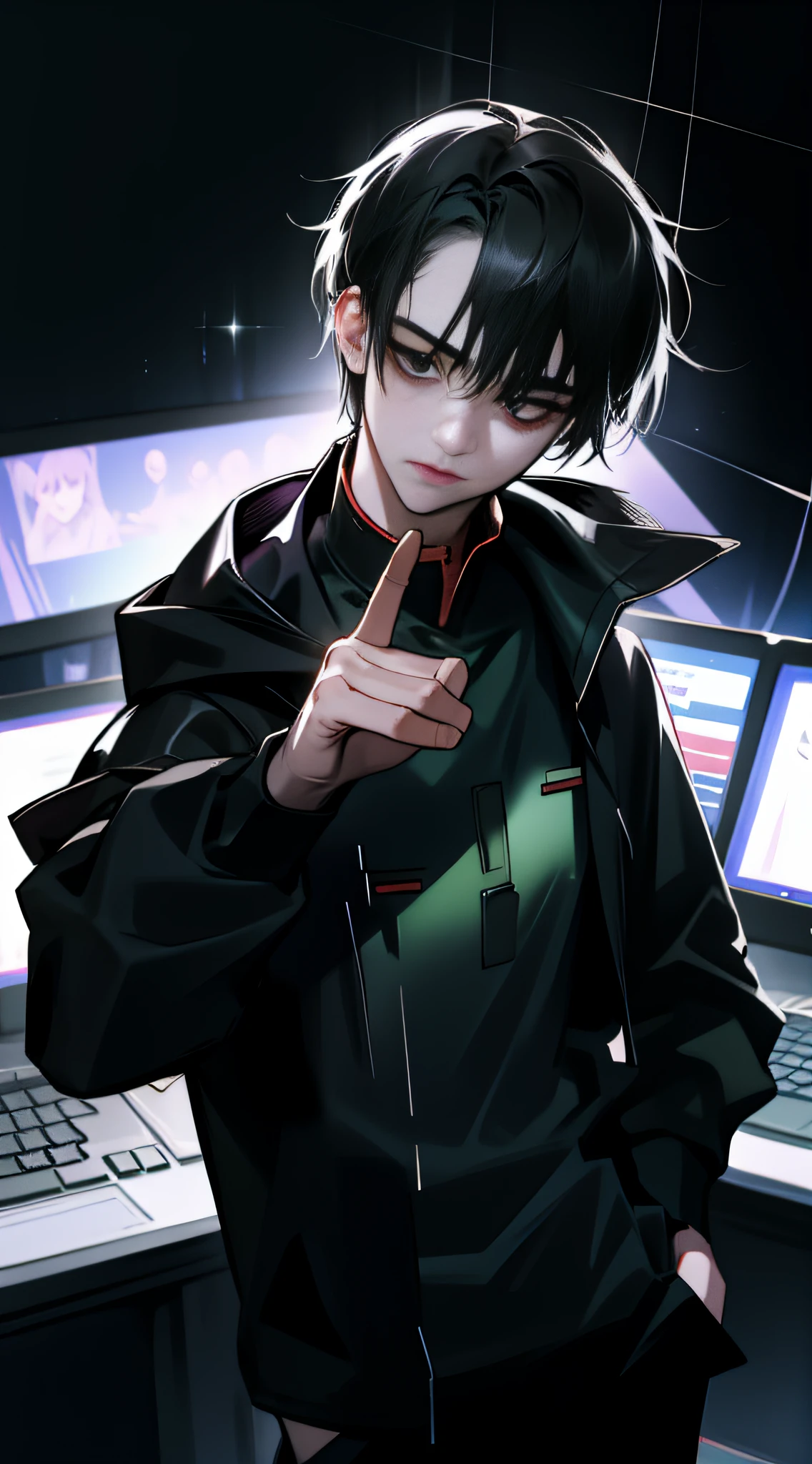 A teenager，ember，sullen，Thin，Messy black hair，short detailed hair，黑The eye，Light dark circles，Black sweatshirt，Wearing a hood，Black trousers，Left hand in pocket，Fluorescent green holographic screen，Place your right hand on the computer keyboard，Review，Total control room background，cyber punk perssonage，male people，Review