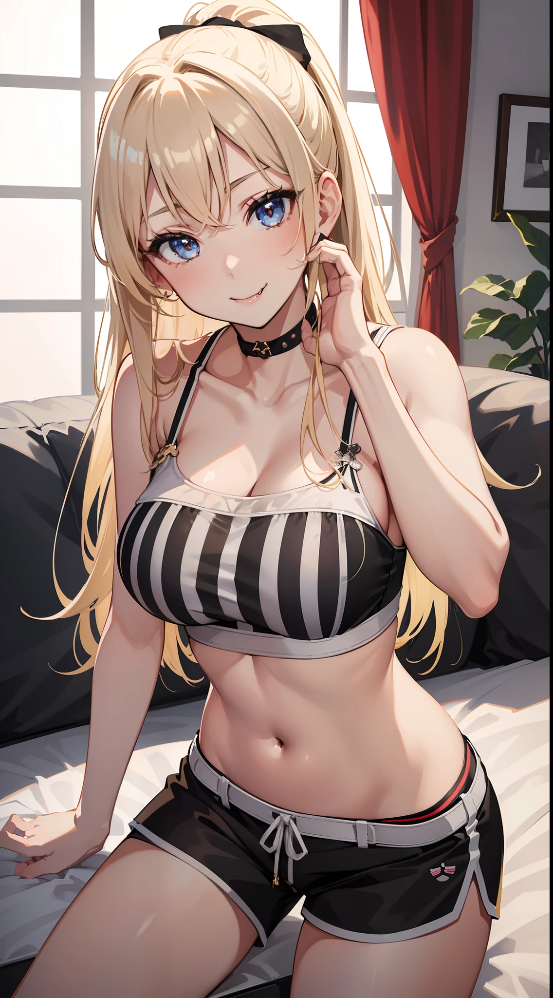 8k, highres, ultra detailed, (masterpiece:1.4), best quality, symmetrical body, a beautiful 18 year old gyaru, (gyaru:1.4), (white cropped camisole and black shorts with white stripe:1.4), cute, solo, long hair, dark blonde hair, ponytail hairstyle, blue eyes, glow effect, finely eye, detailed face, teasing smile, looking at viewer, smilling at viewer, leaning forward, dominant look, teasing, (seductive look:1.4), big breasts, sun, rim light, saloon, sitting on sofa, (sexy pose:1.4)