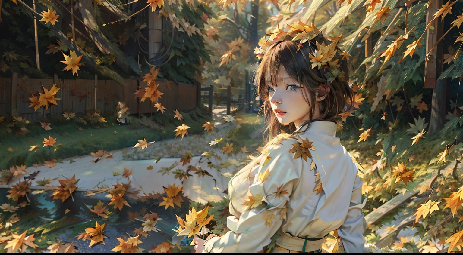 ((Masterpiece,Best quality)),1girll, bangs, Blue eyes, The background is blurred out, branch, Long brown and yellow hair, Dappled sunlight, flower, From the side Side, hair flower, hair adornments, school uniform, leafs, (Maple leaves:1.9), Obi, Outdoors, sash, Solo, Sunlight, full bodyesbian,standing on your feet