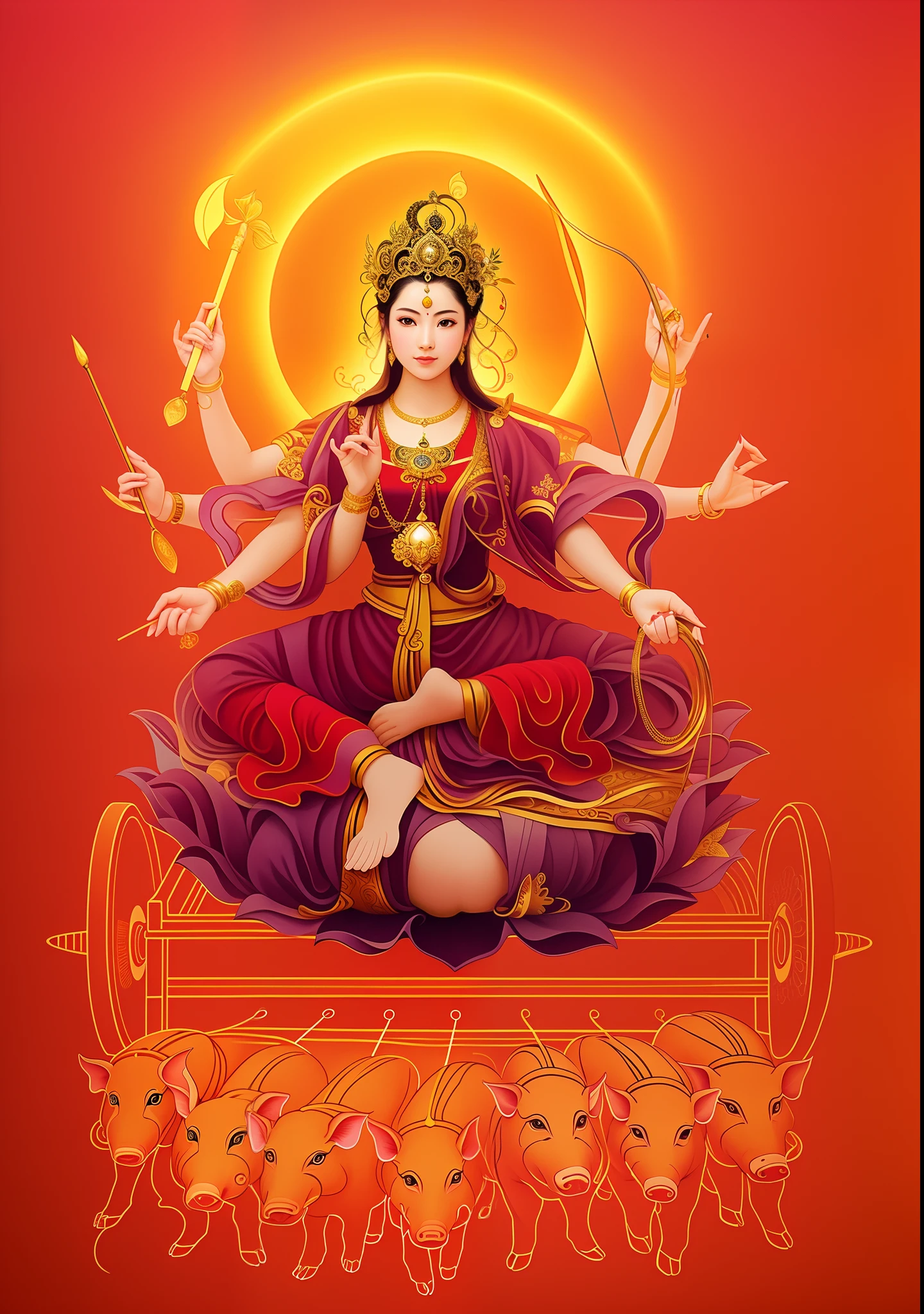 Beautiful woman sitting on a lotus in the car, Three-headed,In total, The arm has eight mudras,Barefoot on both feet,There are seven piglets pulling carts in front,goddess of love and peace, indian goddess of wealth, Heavenly Bodhisattva, full-colour illustration, goddess art, goddess of wisdom, an ancient Chinese goddess,photorealestic,professional photoshooting,Realiy,超高分辨率,tmasterpiece,