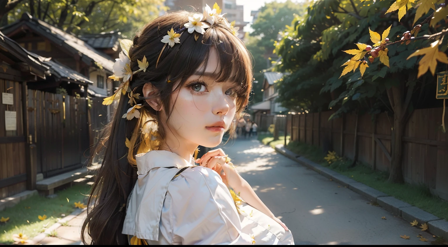 ((Masterpiece,Best quality)),1girll, bangs, Black eyes, The background is blurred out, branch, Long brown and yellow hair, Dappled sunlight, flower, From the side Side, hair flower, hair adornments, school uniform, leafs, Maple leaves, Obi, Outdoors, sash, Solo, Sunlight, full bodyesbian，standing on your feet