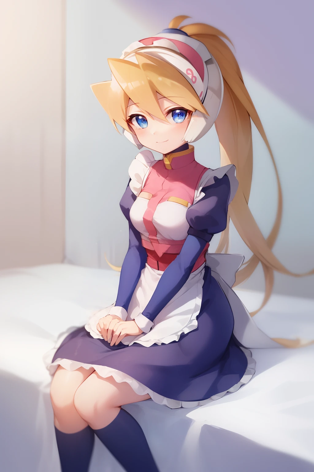 Skysky_megaman, 1girl in, 独奏, length hair, blue eyess, blonde hair, poneyTail, head gear, lightsmile, (maid:1.3), stele \(Skysky\),