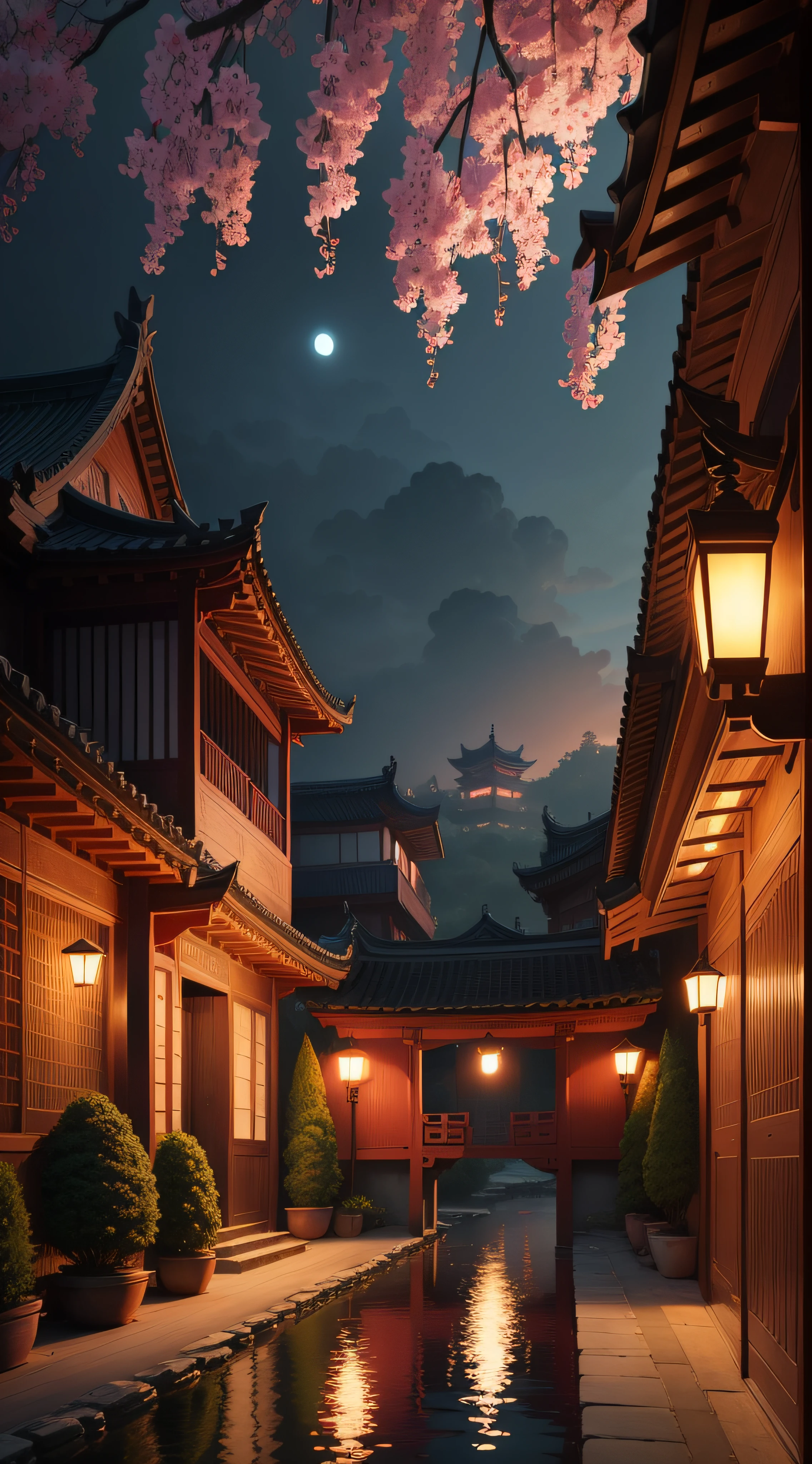 the night,Pink moon,Suzhou Garden,Lanterns,Kongming Lantern,1 arch bridge,Paper sculpture x1.5,Tilt-Shift,Cloud x1.3,Osmanthus x1.2,Soft lighting,Oriental elements,Dreamy,Pastel colors,Bright colors,Traditional Chinese color scheme,reasonable design,Clear lines,High sharpness,Best quality,Very detailed,Masterpiece,offcial art,movie light effect,4K