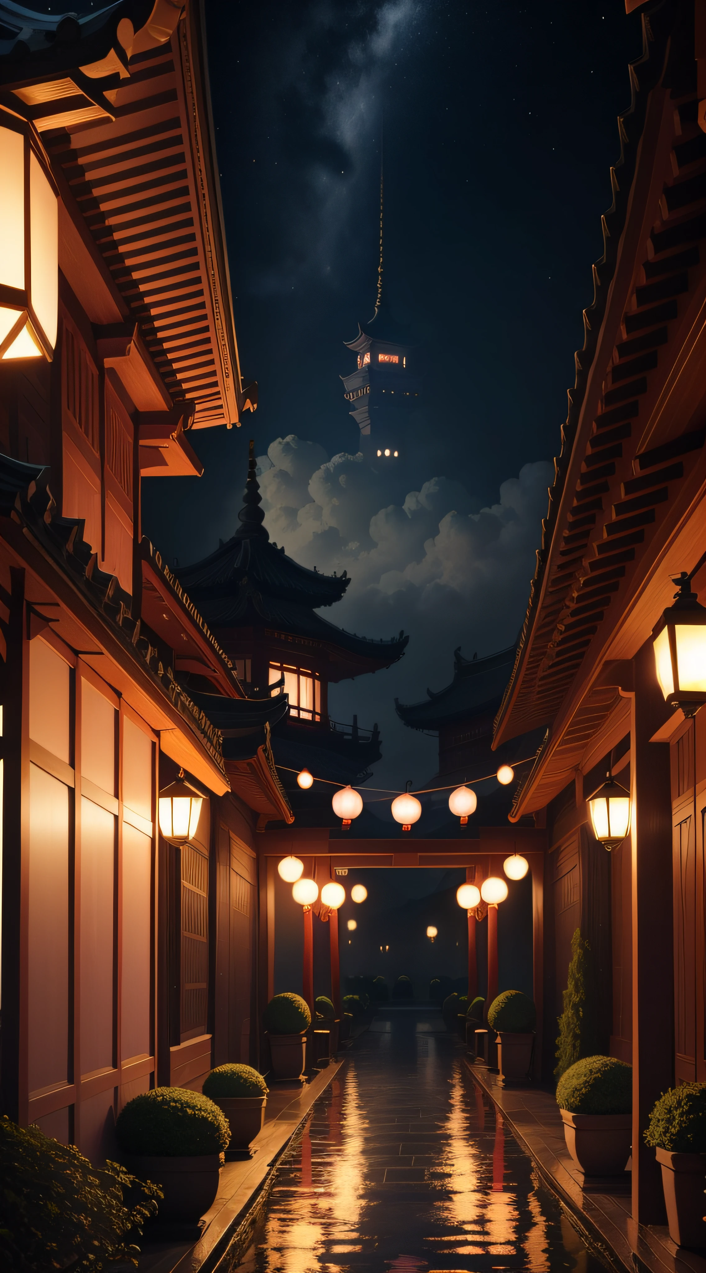 the night,Pink moon,Suzhou Garden,Lanterns,Kongming Lantern,1 arch bridge,Paper sculpture x1.5,Tilt-Shift,Cloud x1.3,Osmanthus x1.2,Soft lighting,Oriental elements,Dreamy,Pastel colors,Bright colors,Traditional Chinese color scheme,reasonable design,Clear lines,High sharpness,Best quality,Very detailed,Masterpiece,offcial art,movie light effect,4K