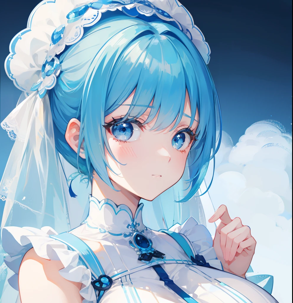 blue hairs,Blue and white clothes,Sexy big breasts,Sell cute very cute sweet girl,Same hairstyle and clothes as pictured,But more detailed than pictures,more clearly,More refined
