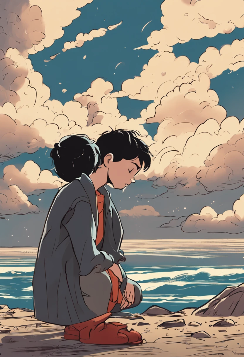 Young boy, Skinny, Short black hair, wearing long pants, Coat, Pray on your knees, Looking up, Hands raised to the sky, An image like a Disney cartoon
