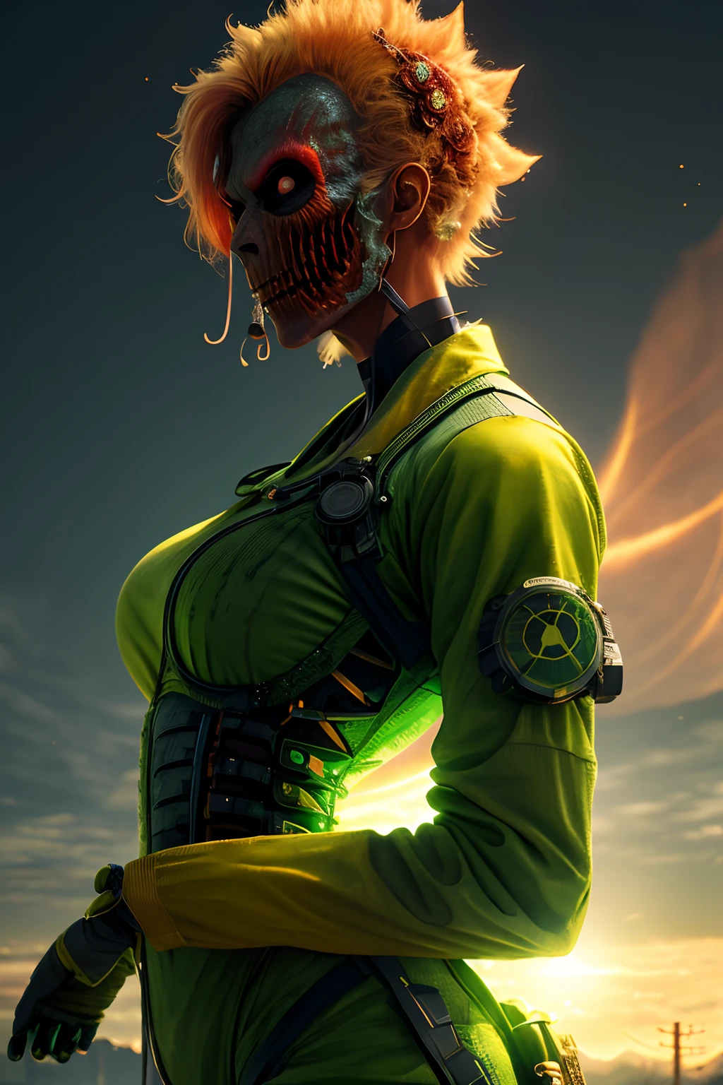 Verde: 1.5, laranja: 1.1, Branco: 1.3, amarelo: 1.3, (garota), tatuagens de caveiras, armadura do terror, clothing skeleton, splash de cores no fundo, garments
