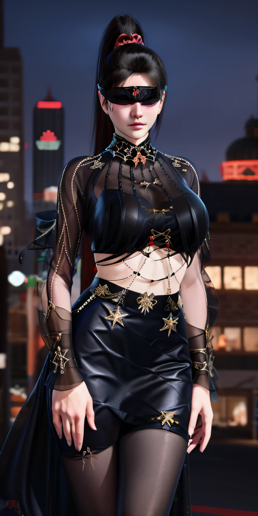 1girll,（full bodyesbian），Mature female, YJW Jinning Red Industry XXJZZJ,Cityscape, Night,jewelry, Blindfold, High ponytail, Pantyhose, Cowboy shot, ribbon,