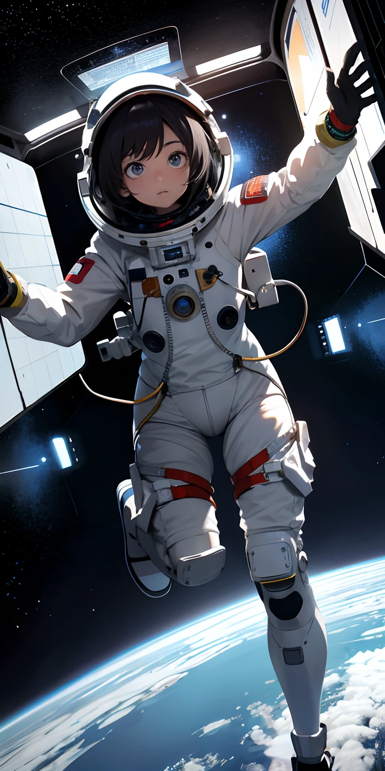 Absurd resolution, high resolution, (masterpiece:1.4), ultra-detailed, 1girl, in spacesuit, seen from above, space, floating, satellite, running pose, wide-angle lens distortion