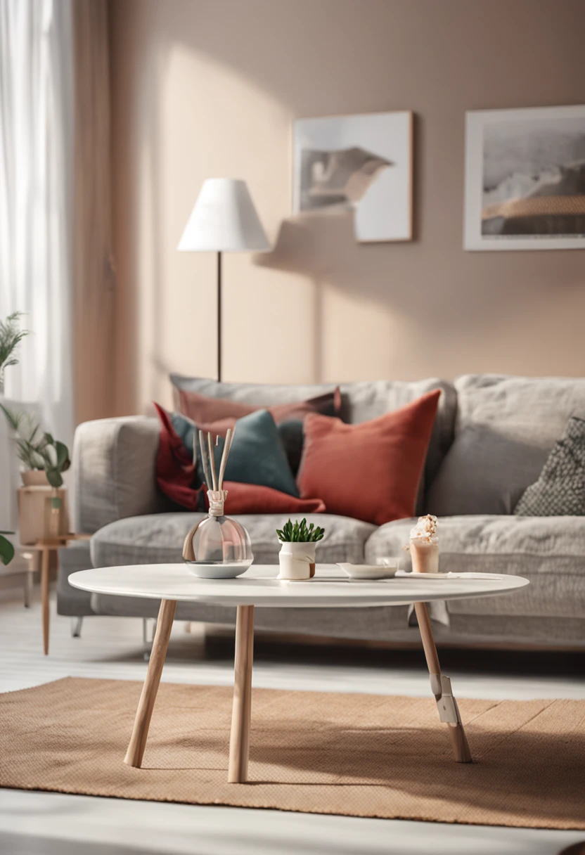 Sitting at home on a table in the living room with an Ikea minimalist style and light background, captured through product photography, shot with a Nikon camera, overall soft and bright, focused on a shallow depth of field in the middle ground, multi-layered, 16k HD photography