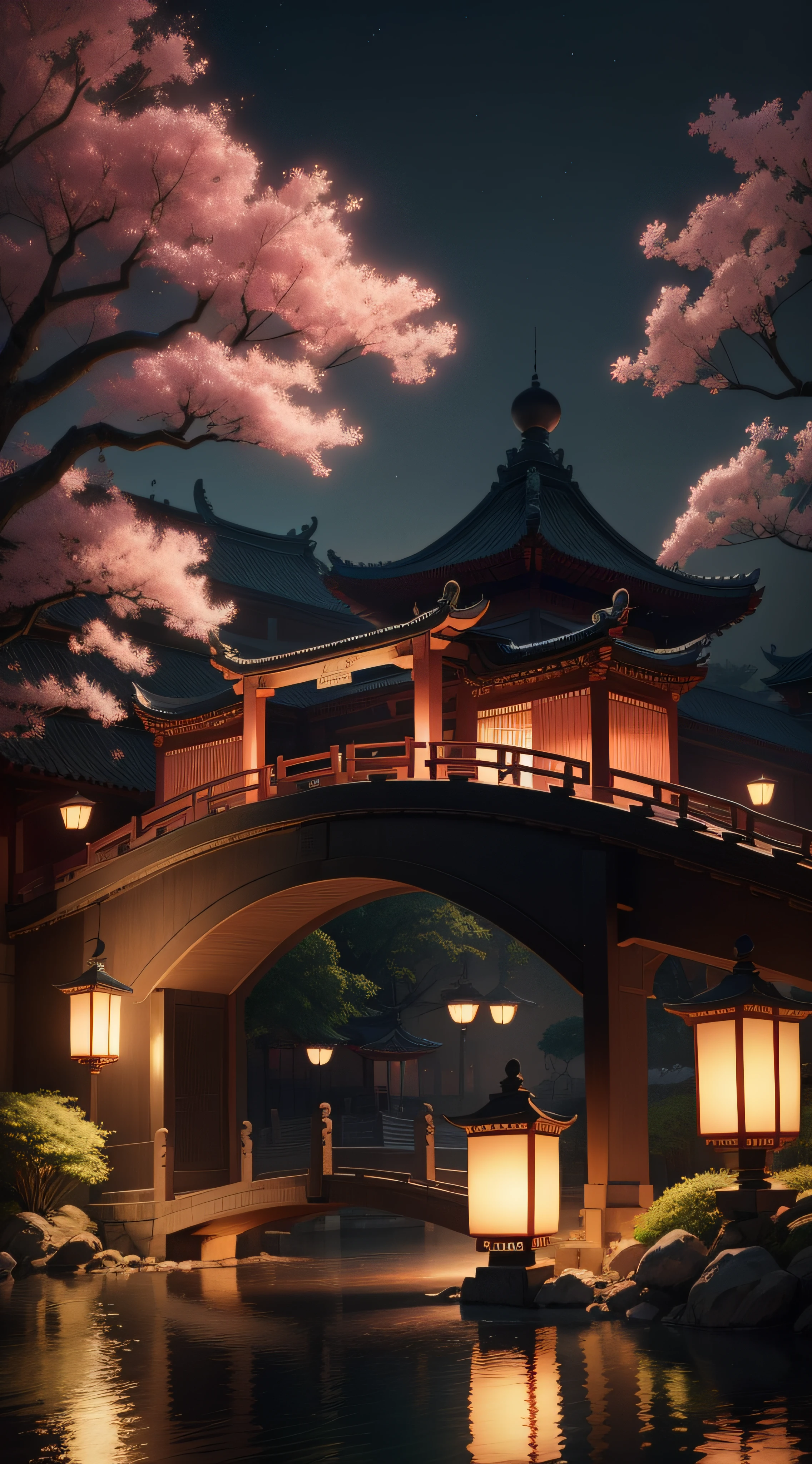 the night,Pink moon,Suzhou Garden,Lanterns,Kongming Lantern,1 arch bridge,Paper sculpture x1.5,Tilt-Shift,Cloud x1.3,Osmanthus x1.2,Soft lighting,Oriental elements,Dreamy,Pastel colors,Bright colors,Traditional Chinese color scheme,reasonable design,Clear lines,High sharpness,Best quality,Very detailed,Masterpiece,offcial art,movie light effect,4K