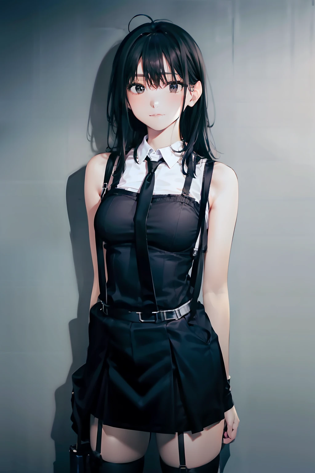 a black skirt, neck tie, Tank Tops　suspenders, Long Black Hair, Gray eyes, holster, Garter belt on the legs, , Moderately breasts, Pichi Pichi clothes, both sides　deadpan　Behind