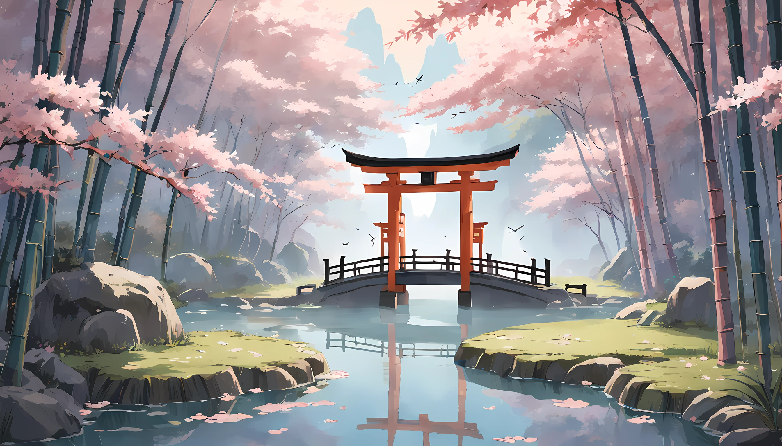 "Visualize a captivating wallpaper adorned with a meticulously crafted pattern of iconic Japanese symbols, each layer contributing to a rich and harmonious tapestry.
Cherry blossoms, delicate and ephemeral, flutter across the canvas, evoking the beauty and transience of life. The torii gate, a sacred portal, stands tall, symbolizing the boundary between the spiritual and physical worlds.
Elegant kanji characters weave into the design, each character holding profound meaning. '和' (wa) represents harmony and unity, '勇' (yuu) embodies courage, and '平和' (heiwa) signifies peace.
Beneath a serene moonlit sky, a red sun disc or '日' (hi) radiates, representing hope and new beginnings. Bamboo stalks stand strong and flexible, symbolizing resilience and adaptability.
A tranquil pond mirrors the surroundings, its surface adorned with a water lily or '蓮' (hasu), signifying purity and enlightenment. Koi fish swim amidst lotus flowers, embodying transformation and perseverance.
Golden cranes take flight, their wings symbolizing longevity and good fortune. The tranquil sound of a temple bell or '鐘' (kane) resonates, bringing mindfulness and inner peace.
The color palette seamlessly blends soothing blues, soft pinks, and earthy greens, invoking a sense of calm and connection to nature. This wallpaper pattern is an intricate mosaic of Japanese symbolism, inviting you to explore the layers of culture, wisdom, and beauty they hold."