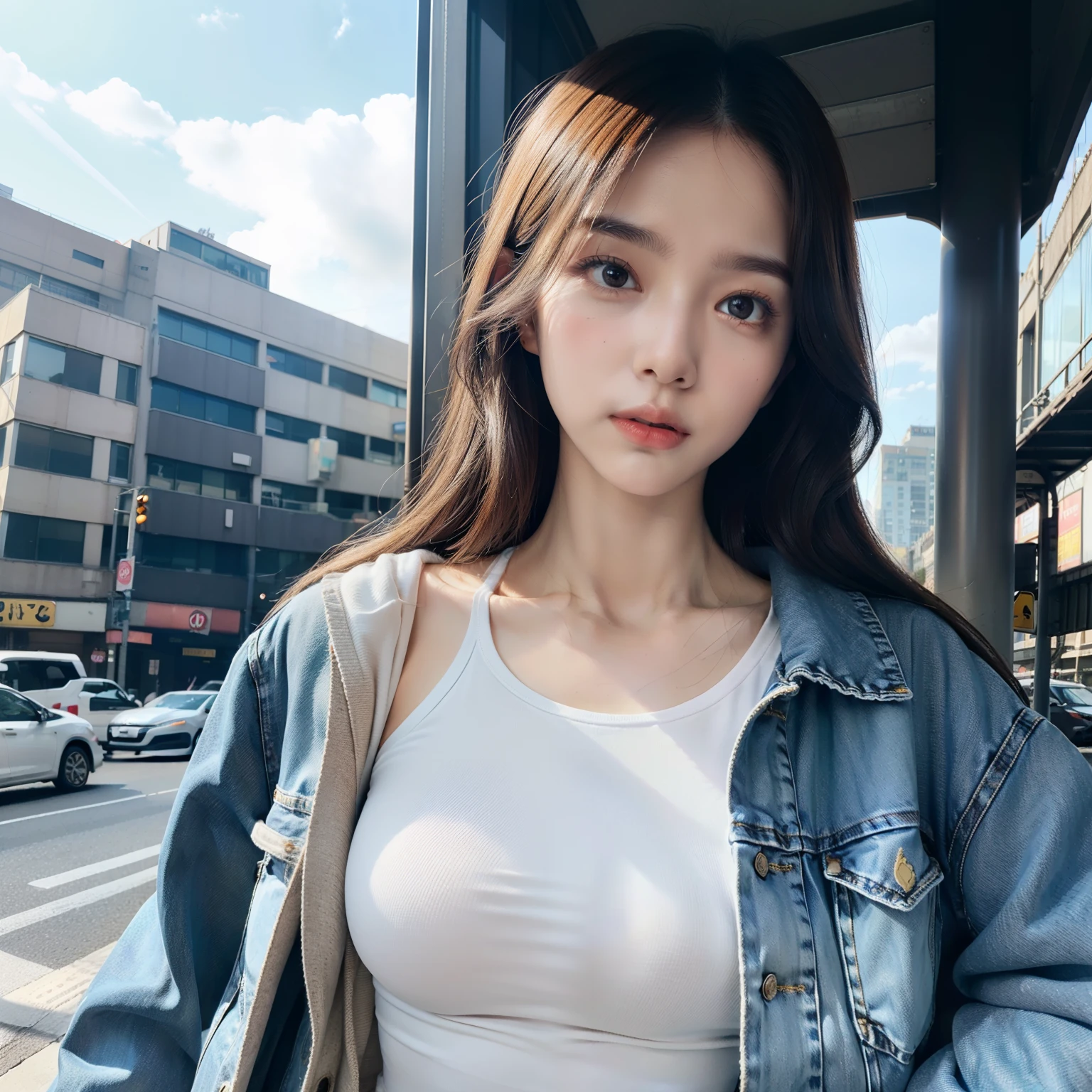 highest quallity, illustration, ultra detailed, (detailed face), (detailed eyes), soft lighting, best quality, hazy glow, dreamy atmosphere, hyper detailed, masterpiece, 1girl, solo, stand up, half body, t shirt, jacket, jeans, abs, muscle, outdoors, morning, clouds, tall buildings in background, industrial, public transportation, urban, concrete buildings