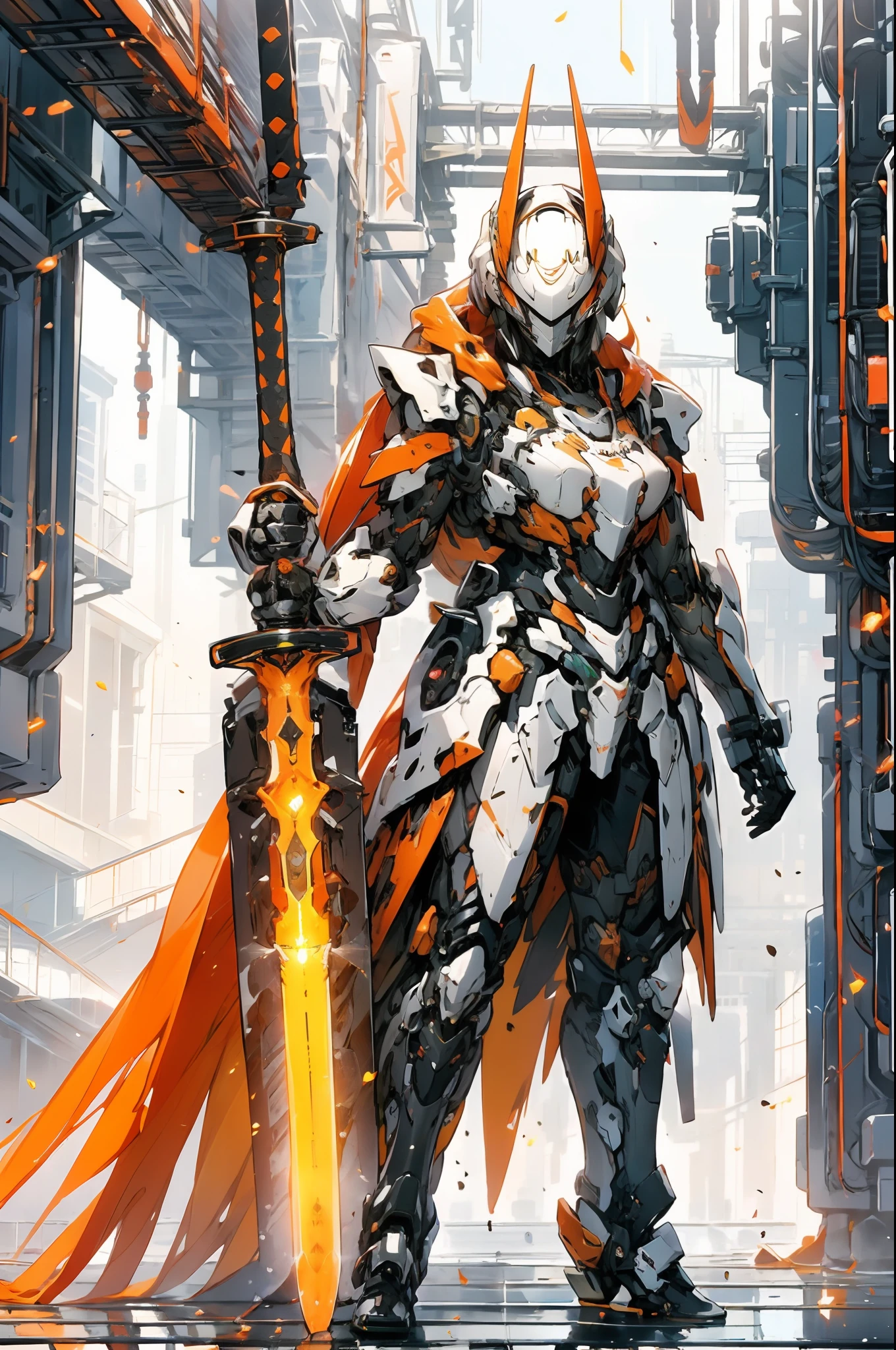 mecha_musume, 1girl, long_hair, science_fiction, weapon, sword, holding_sword, orange_eyes, solo, headgear, holding_weapon, mecha, standing