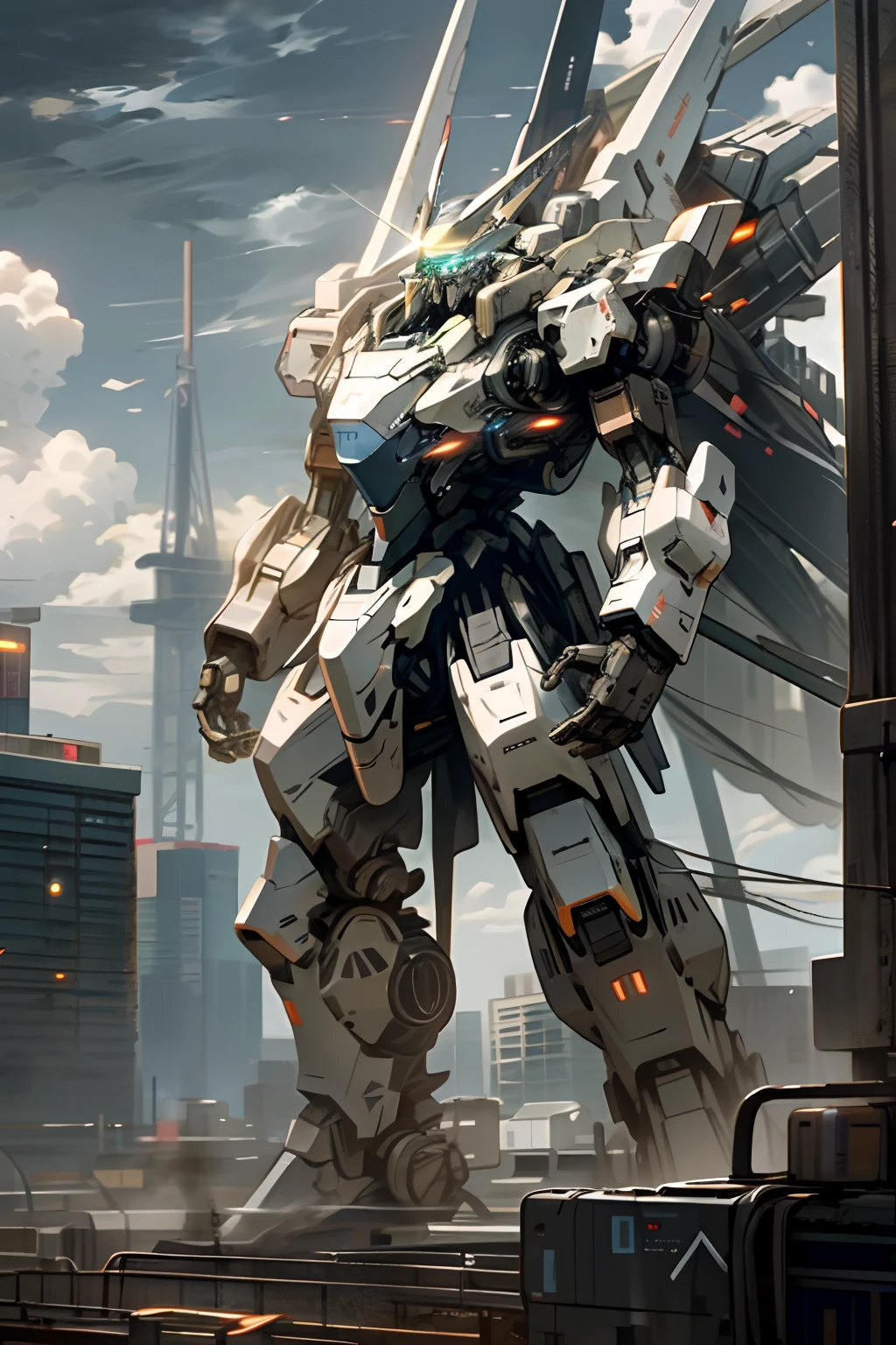 sky, cloud, holding_weapon, no_humans, glowing, , robot, building, glowing_eyes, mecha, science_fiction, city, realistic,mecha