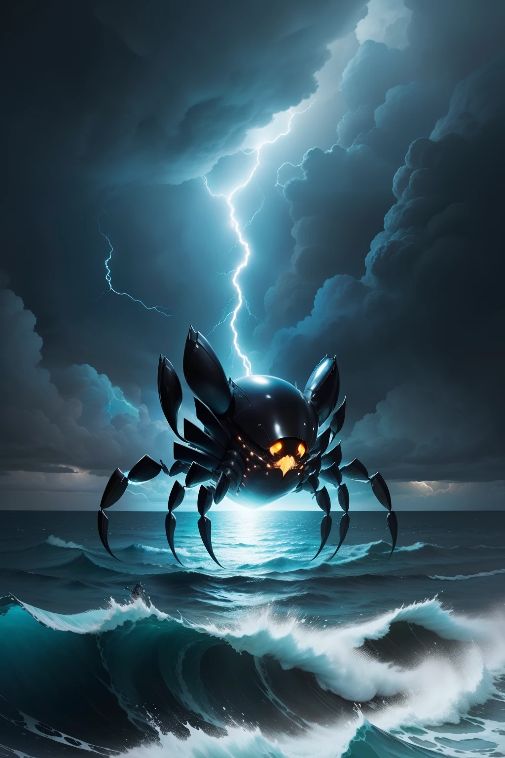 A huge black crab is killing tiny humans madly in the sea,Sky blue lightning