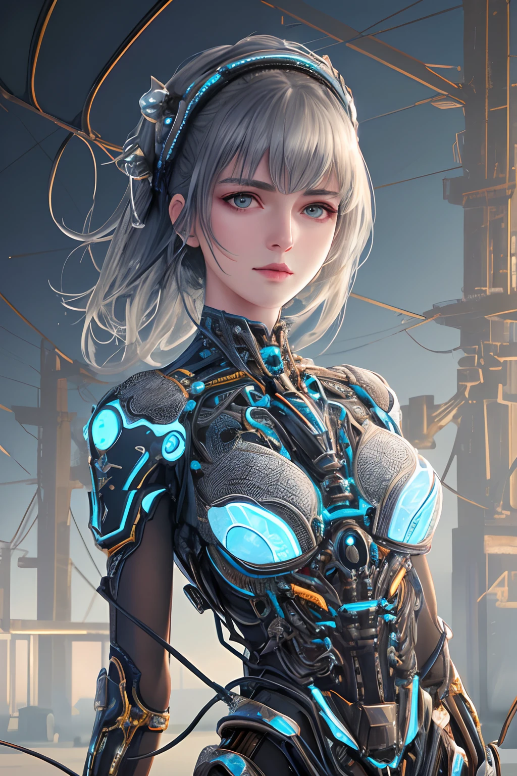 1mechanical girl,((ultra realistic details)), portrait, global illumination, shadows, octane render, 8k, ultra sharp,metal,intricate, ornaments detailed, cold colors, egypician detail, highly intricate details, realistic light, trending on cgsociety, glowing eyes, facing camera, neon details, machanical limbs,blood vessels connected to tubes,mechanical vertebra attaching to back,mechanical cervial attaching to neck,sitting,wires and cables connecting to head