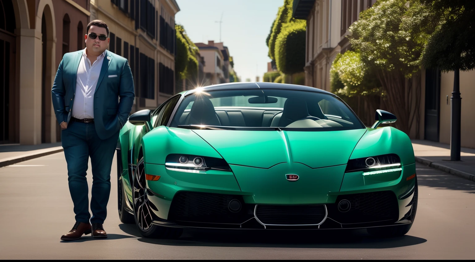 A gorgeous chubby young man stands in front of a luxury green sports car in front of a building, autor:Bernard DeAndrea, The is very detailed, Andrew Tate conduz a Bugatti, autor:Stephen Dressett, Estilo Etienne-Louis Bulli, autor:Juliano Alves, autor:Simon Malmien, autor:Brian Thomas, ao sol, autor:Alison Debenham
