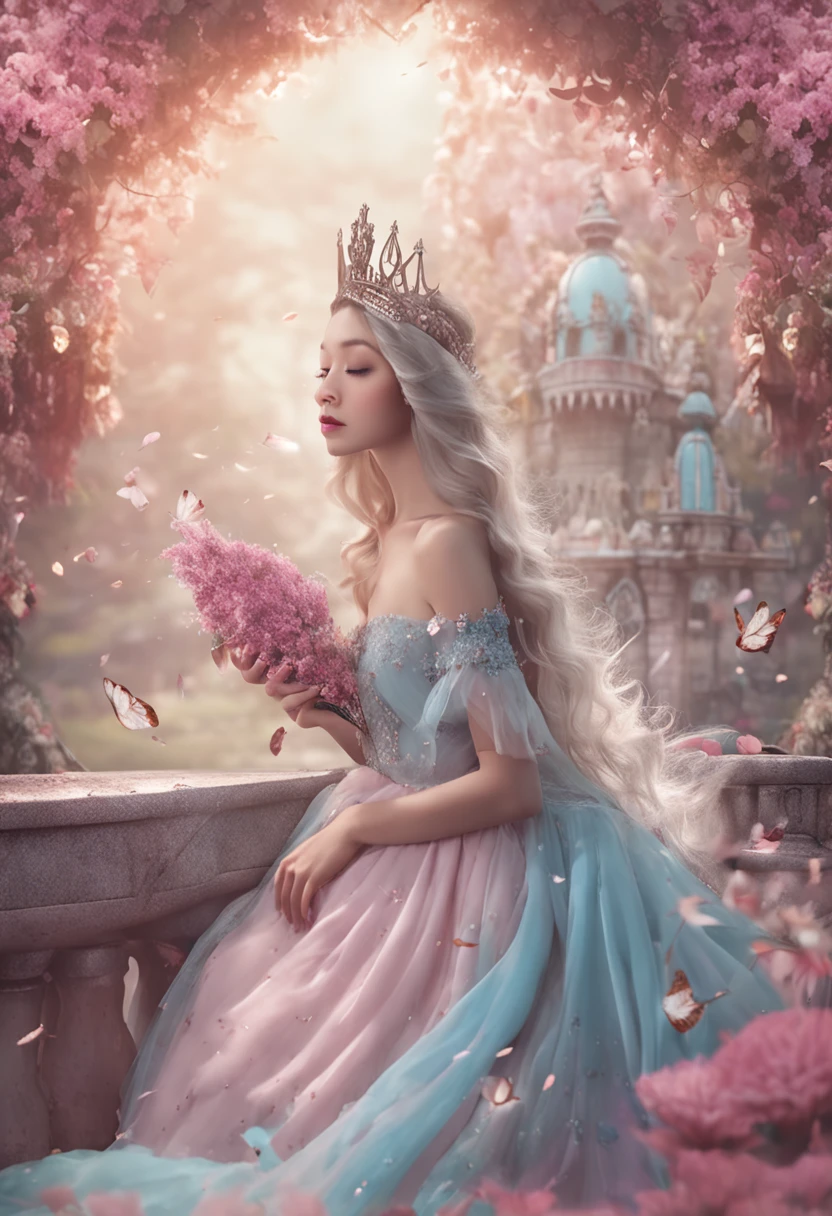 The wonderland of the princess slowly lifts the fog，The enchanting scenery gradually unfolds。She wears a gorgeous crown，Dressed in a gorgeous dress。She coexists with a charming magical animal，Her long, silky hair rippled in the breeze。The surrounding flowers bloomed with colorful petals under her arrival，It adds a mysterious charm to her arrival。