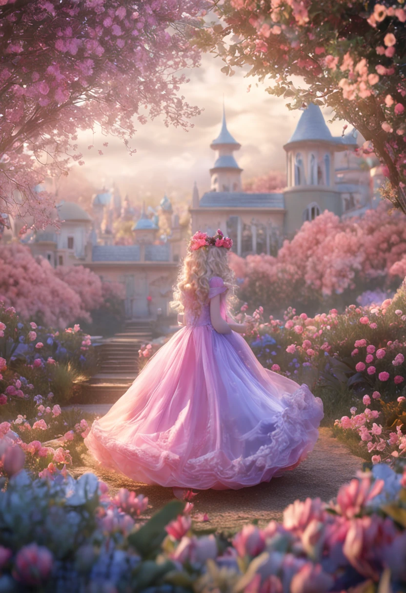 A woman in a pink dress is walking through a garden - SeaArt AI