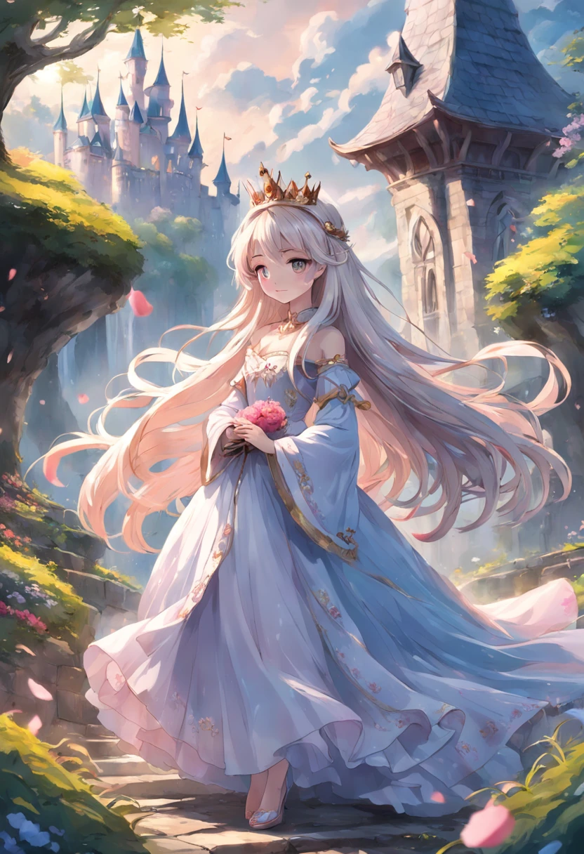 The wonderland of the princess slowly lifts the fog,The enchanting scenery gradually unfolds。She wears a gorgeous crown,Dressed in a gorgeous dress。She coexists with a charming magical animal,Her long, silky hair rippled in the breeze。The surrounding flowers bloomed with colorful petals under her arrival,It adds a mysterious charm to her arrival。
