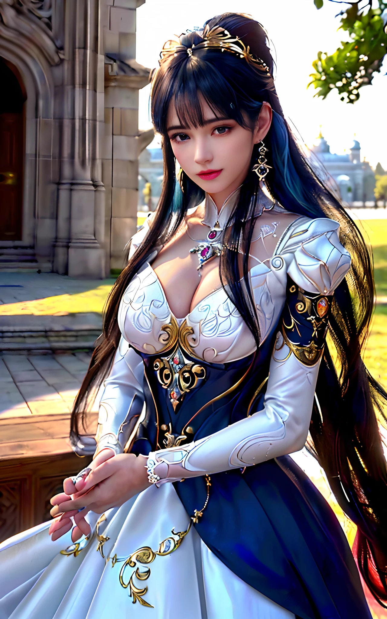 ((Realisticity: 1.2)), ((Realistic: 8K, Ultra HD)), ((Best resolution: 8K, Ultra HD)), ultra - detailed, Best quality,Masterpiece,A high resolution,CG, ((1 Girls super detailed，Super realistic) ) , ((Beautiful Queen, Ultra-realistic and ultra-detailed)),((White skin, Beautiful, smooth, Youthful, Ultra-realistic and ultra-detailed )), ((The face is super beautiful, White, Ultra-realistic and ultra-detailed ) ), Long hair, ((Ultra-realistic and ultra-detailed dress)), Solo, ((Ultra photo realsisim, ultra beautiful, Beautiful ultra fine jewelry)), ((Super beautiful crimson and golden yellow dress, Ultra-realistic and ultra-detailed )) , ((She is beautiful, Ultra photo realsisim, Ultra-fine diamond-filled earrings)), ((Her gorgeous diamond hairstyle, Ultra-realistic and ultra-detailed)), ((Nice upper body, ultra beautiful, Ultra-realistic and ultra-detailed) ), ((Medium breast: 1.5)), ((Ultra photo realsisim, Super beautiful, Ultra-thin chest)),   ((The background of the Royal Palace is very majestic, Ultra-realistic and ultra-detailed)),((The hands and palms are super beautiful, ultra - detailed, Ultra photo realsisim)), ((Super beautiful, Super beautiful, Ultra-realistic and ultra-detailed bun)), ((Super beautiful , Ultra-realistic and ultra-detailed blue hair)), candid, Photo, high resolution, 8K , Bokeh,