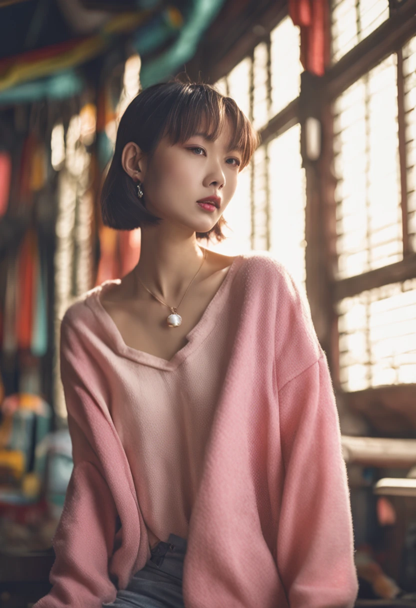 (top-quality、8K、32K、tmasterpiece、hyper HD:1.2)、Photo of a cute Japanese woman、huge tit、Large full breasts、short-hair、The upper part of the body、sface focus、Oversized_Sweater、a necklace、simple background、from the above、looking at viewert、