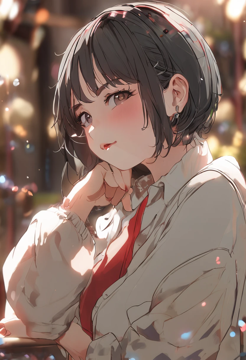 (top-quality、8K、32K、tmasterpiece、hyper HD:1.2)、Photo of a cute Japanese woman、huge tit、Large full breasts、short-hair、The upper part of the body、sface focus、Oversized_Sweater、a necklace、simple background、from the above、looking at viewert、