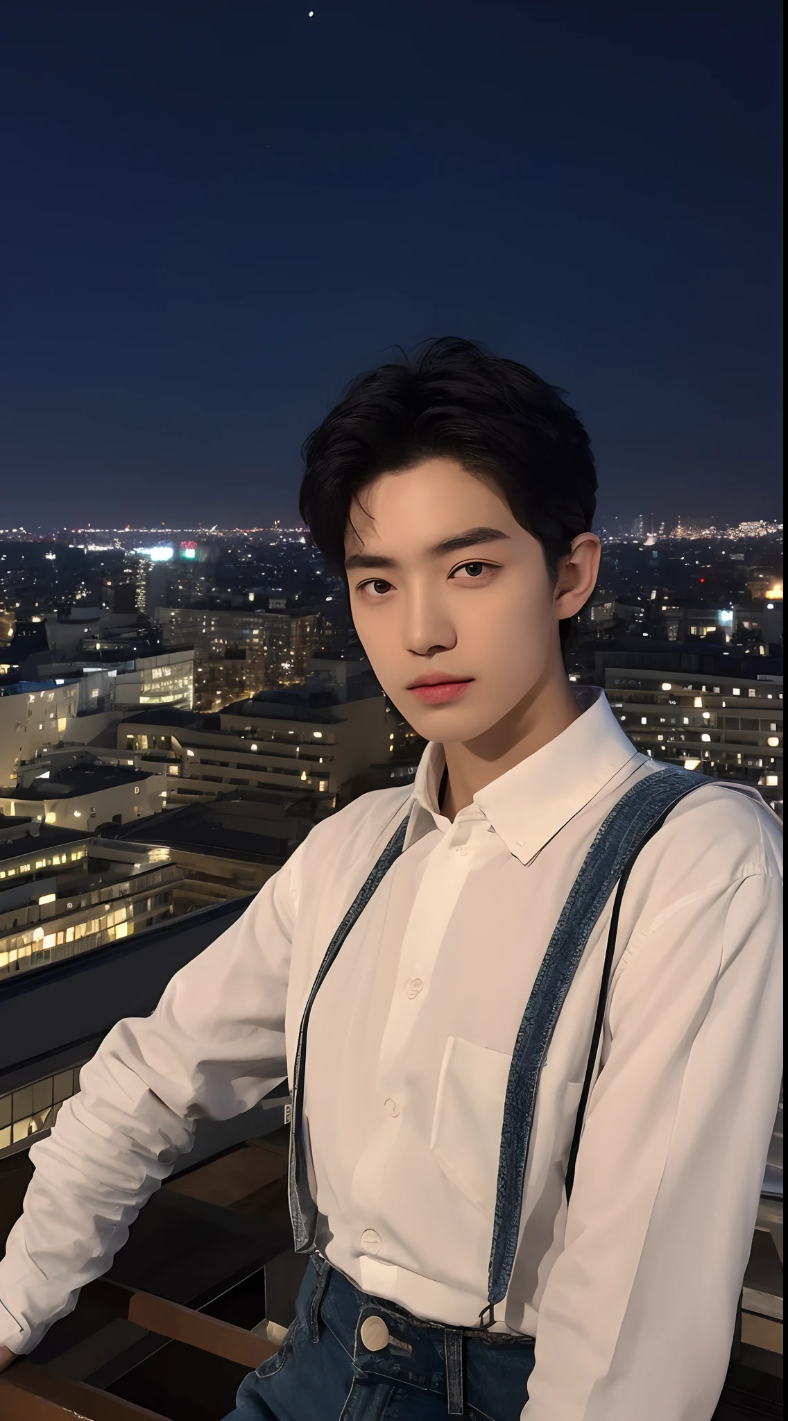 ((Midnight, Best quality, 8k, Masterpiece :1.3)), Full body, Long legs, Sharp focus :1.2, (Beautiful man with perfect figure :1.4), Slender abs : 1.1, ((Black hair :1.2))), (Tight white T-shirt, Jean bib, Brackets:1.2), ((Nightscape, Rooftop:1.3)), Face and skin texture gradation skin High detail, Detailed eyes, Double eyelids, Boy, Solo, 18 years old