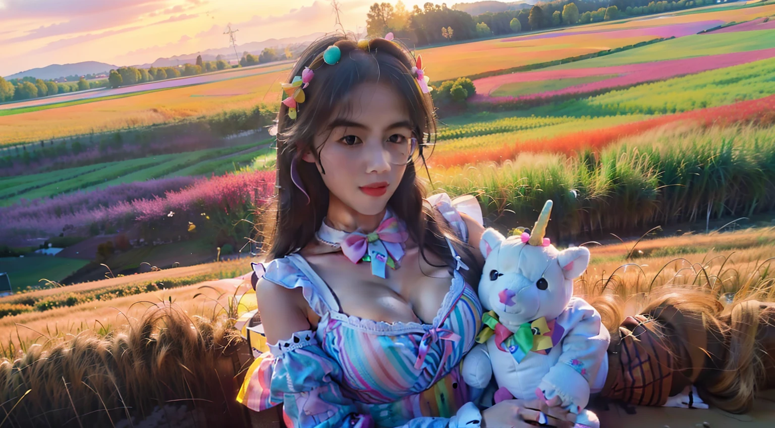 (((Popular cartoons)))、Master peace.(((Brown long hair))).(((great joy))),(((great joy))),(((great joy))),ta fashion,Summer dress,(((The autumn sunset illuminates the wheat fields, The wheat in the field is golden, Scarecrow standing in a wheat field，Watch dragonflies fly overhead)))、designs、Pale 、(tmasterpiece、top-quality、top-quality、Watercolor painting , loliashion、patterns、(Colorful, spread throughout、kawaii、pastels、Lovely large Breasts、Rainbow unicorn plush toy