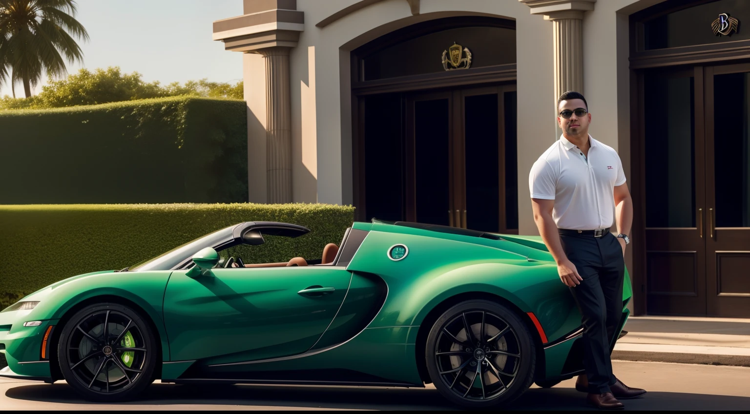 A gorgeous chubby young man stands in front of a luxury green sports car in front of a building, autor:Bernard DeAndrea, The is very detailed, Andrew Tate conduz a Bugatti, autor:Stephen Dressett, Estilo Etienne-Louis Bulli, autor:Juliano Alves, autor:Simon Malmien, autor:Brian Thomas, ao sol, autor:Alison Debenham