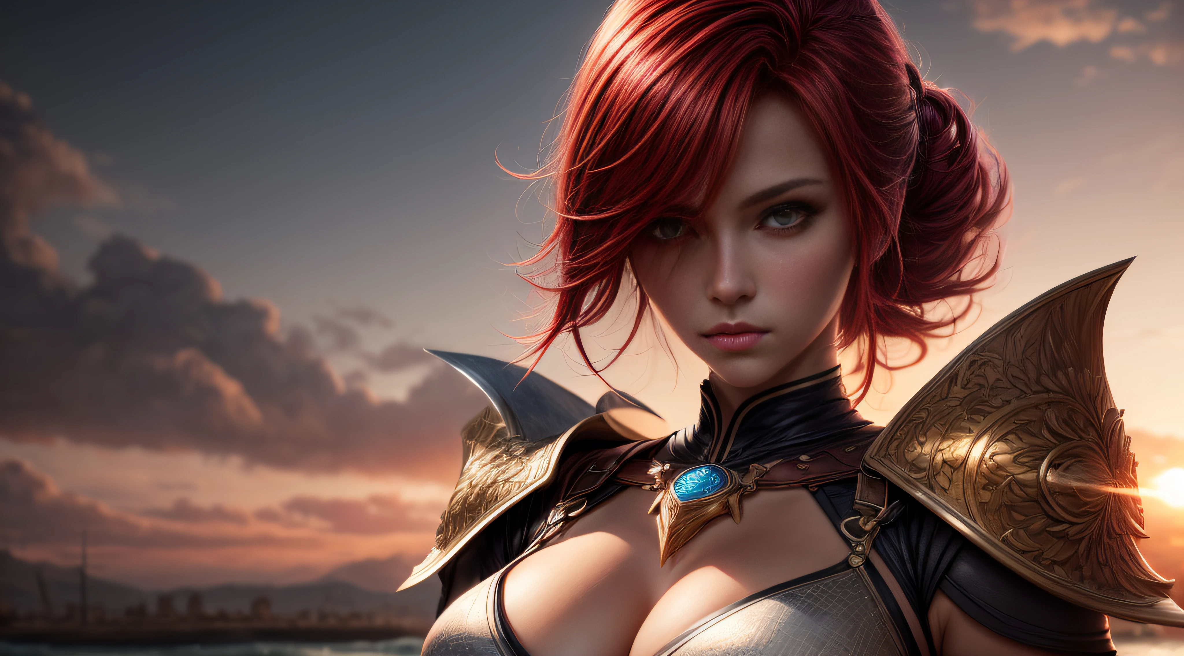 Under the sunset,Female swordsman,chest plate, eyes with brightness, red tinted hair, Anatomically correct, Perfect proportions, Extremely detailed face,(Photorealistic,Masterpiece,Best quality,hyper HD,Extremely detailed, Cinematic lighting)