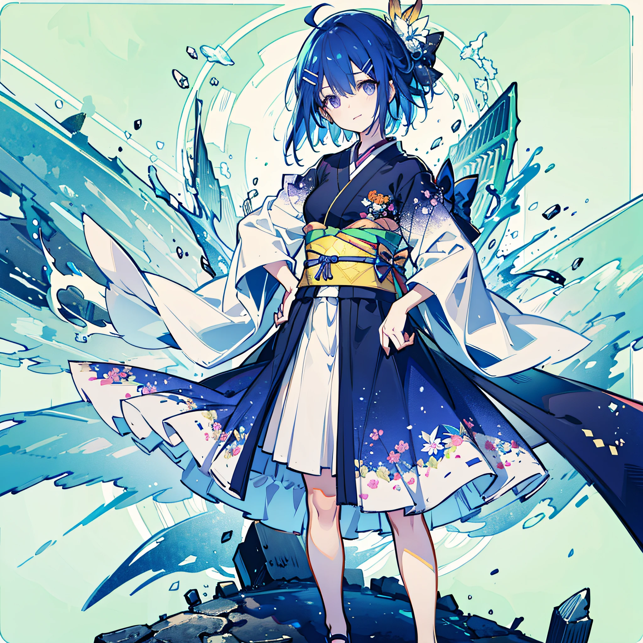 {best quality}, {{masterpiece}}, {highres}, original, extremely detailed 8K，full body,solo,tachie, {{simple background}} ,{{1 loli}}, {{laugh}},short hair,hair between eyes,ahoge,blue hair,hairclippurple kimono,geta,hairclip,no breast,laugh,standing,hands on hip,ninja,